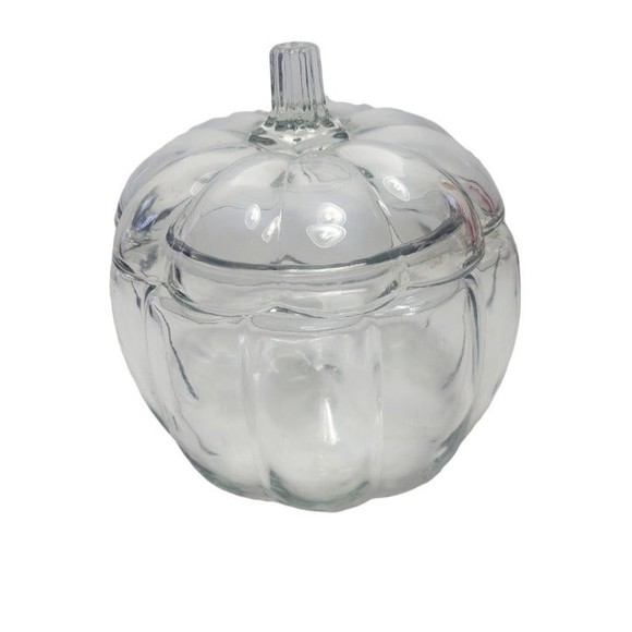 Vintage Anchor Hocking Clear Glass Pumpkin Candy Cookie Jar With Lid - Picture 3 of 4